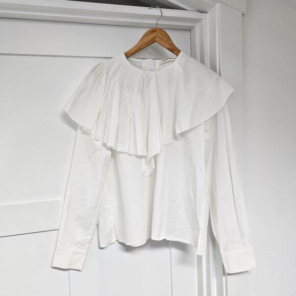 Renata Brenha Asymmetrical Gathered Pleated Collar Elegant Ruffled Blouse White - Picture 1 of 13